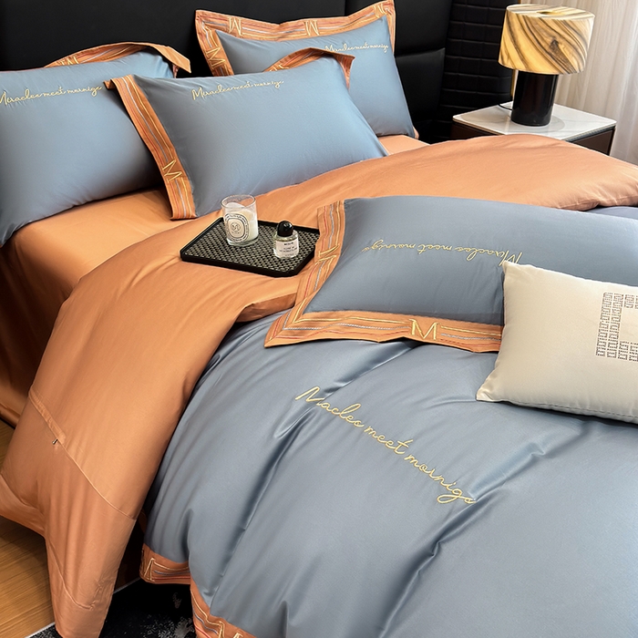 91家纺网 家纺一手货源 找家纺 家居1号家纺 2026春夏新款50双股100支A类长绒棉纯棉巴特系列四件套 巴特-桔蓝