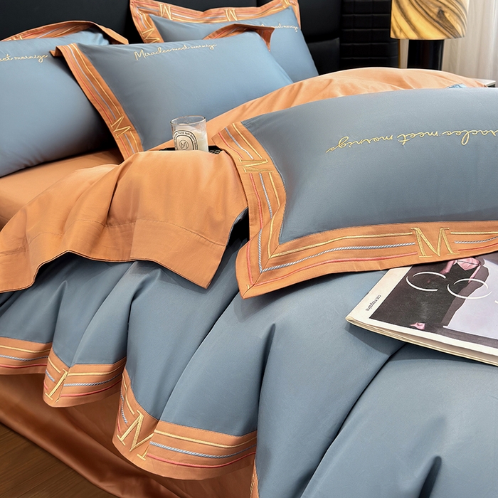 91家纺网 家纺一手货源 找家纺 家居1号家纺 2026春夏新款50双股100支A类长绒棉纯棉巴特系列四件套 巴特-桔蓝