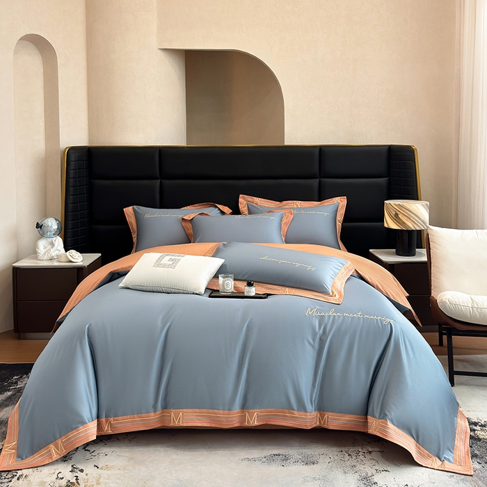 91家纺网 家纺一手货源 找家纺 家居1号家纺 2026春夏新款50双股100支A类长绒棉纯棉巴特系列四件套 巴特-桔蓝