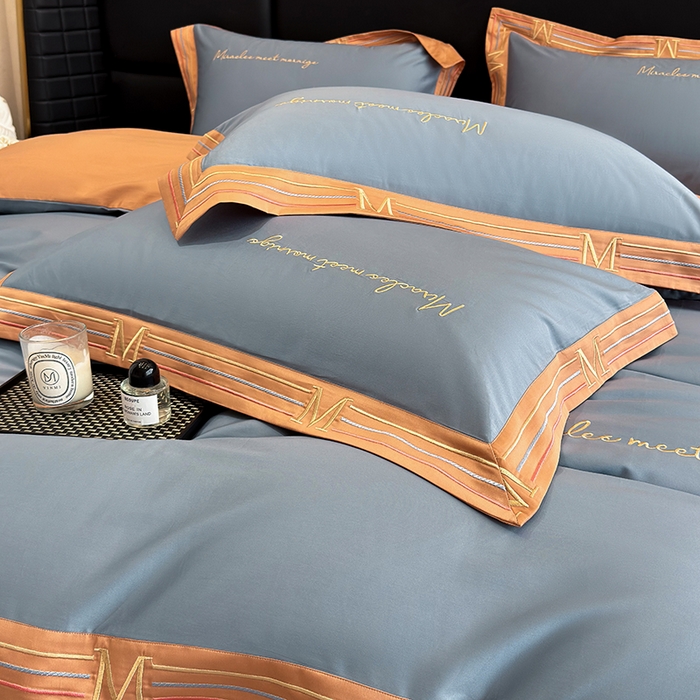 91家纺网 家纺一手货源 找家纺 家居1号家纺 2026春夏新款50双股100支A类长绒棉纯棉巴特系列四件套 巴特-桔蓝