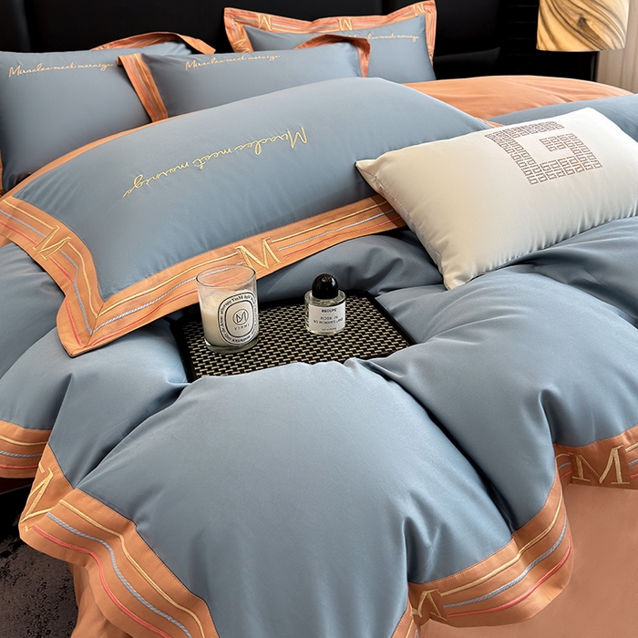 91家纺网 家纺一手货源 找家纺 家居1号家纺 2026春夏新款50双股100支A类长绒棉纯棉巴特系列四件套 巴特-桔蓝