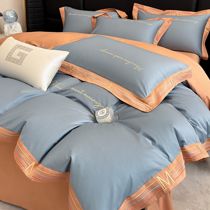 91家纺网 家纺一手货源 找家纺 家居1号家纺 2026春夏新款50双股100支A类长绒棉纯棉巴特系列四件套 巴特-桔蓝