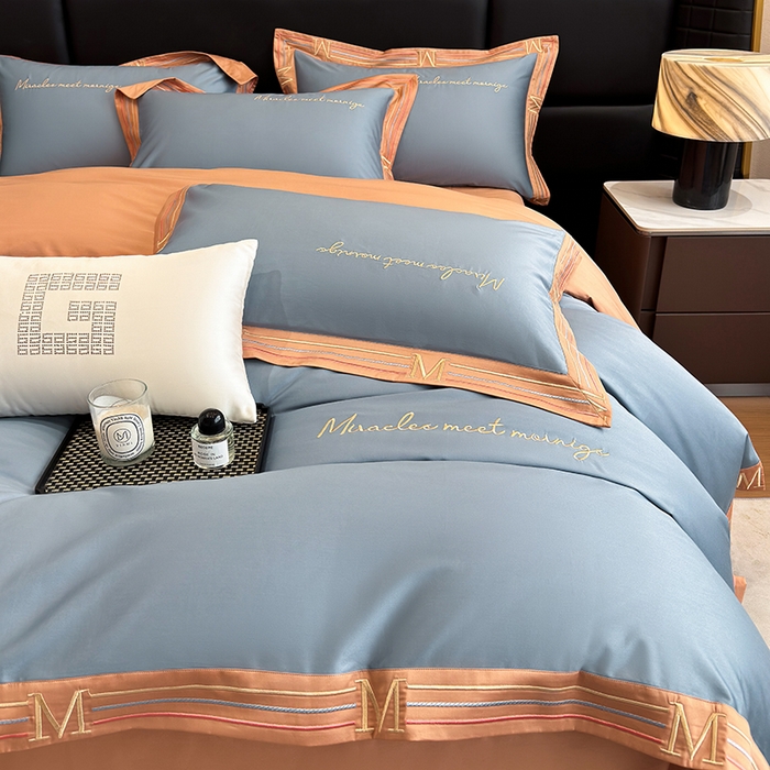 91家纺网 家纺一手货源 找家纺 家居1号家纺 2026春夏新款50双股100支A类长绒棉纯棉巴特系列四件套 巴特-桔蓝