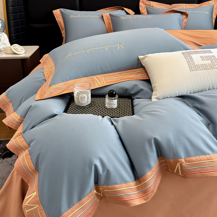 91家纺网 家纺一手货源 找家纺 家居1号家纺 2026春夏新款50双股100支A类长绒棉纯棉巴特系列四件套 巴特-桔蓝