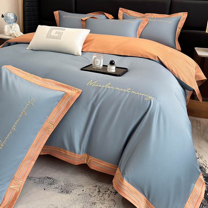 91家纺网 家纺一手货源 找家纺 家居1号家纺 2026春夏新款50双股100支A类长绒棉纯棉巴特系列四件套 巴特-桔蓝