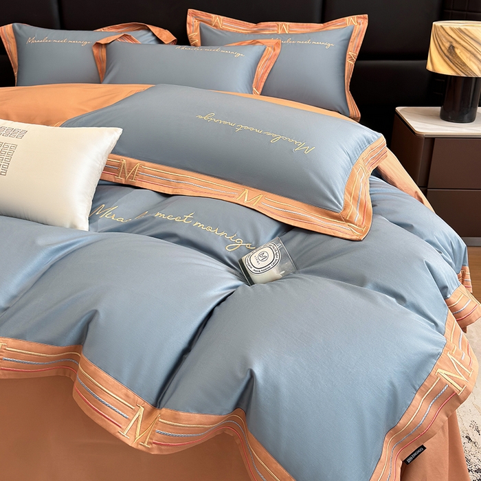 91家纺网 家纺一手货源 找家纺 家居1号家纺 2026春夏新款50双股100支A类长绒棉纯棉巴特系列四件套 巴特-桔蓝