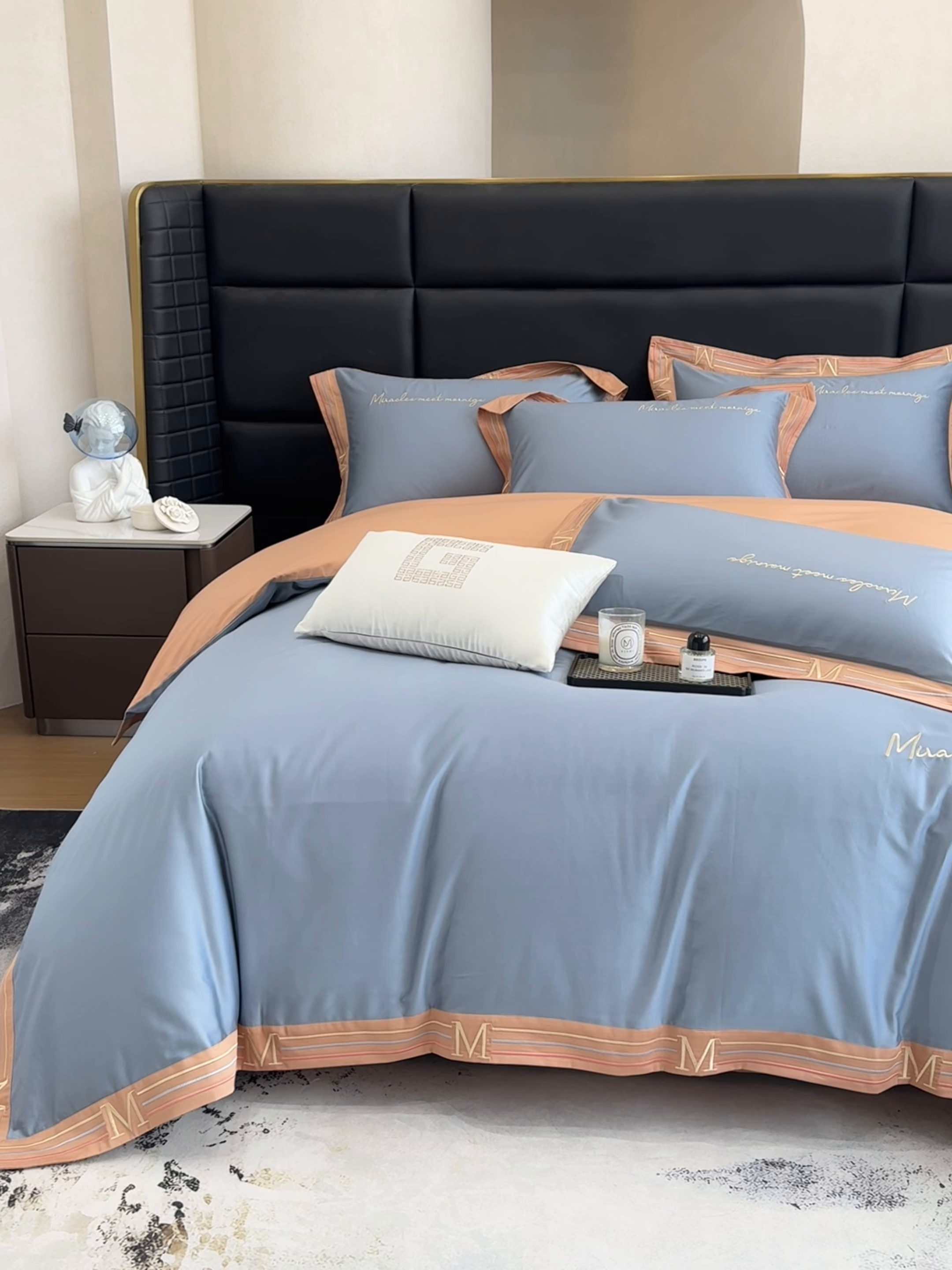 91家纺网 家纺一手货源 找家纺 家居1号家纺 2026春夏新款50双股100支A类长绒棉纯棉巴特系列四件套 巴特-桔蓝