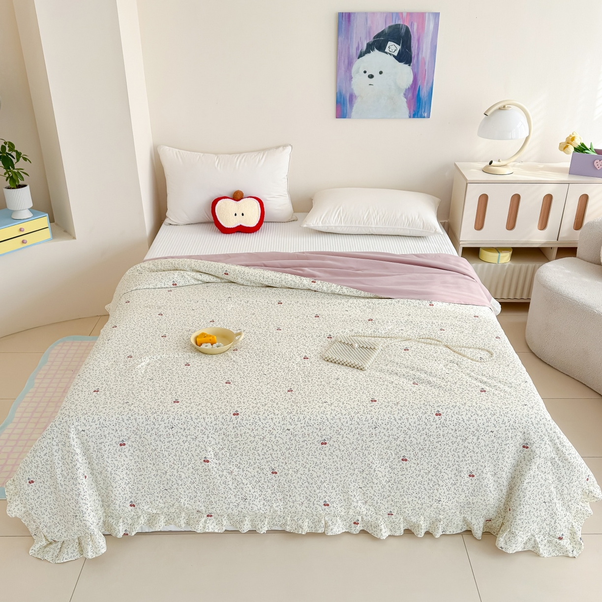 91家纺网 家纺一手货源 找家纺 归属 2026春夏新款古法仿棉床盖夏被四件套夏凉被空调被系列 西柚樱桃