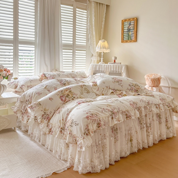 91家纺网 家纺一手货源 找家纺 瑞宝 2026新款春款全棉印花床裙四件套【控价265起 各平台严格控价:所有尺寸在扣除店铺优惠券后利润不得少于70(包含活动期)】 花时