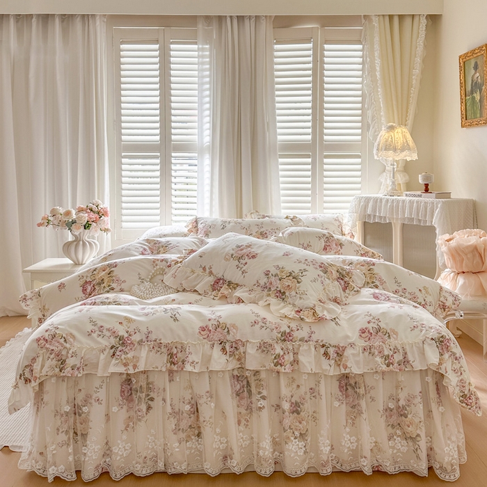 91家纺网 家纺一手货源 找家纺 瑞宝 2026新款春款全棉印花床裙四件套【控价265起 各平台严格控价:所有尺寸在扣除店铺优惠券后利润不得少于70(包含活动期)】 花时