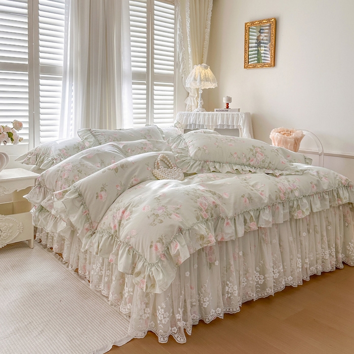 91家纺网 家纺一手货源 找家纺 瑞宝 2026新款春款全棉印花床裙四件套【控价265起 各平台严格控价:所有尺寸在扣除店铺优惠券后利润不得少于70(包含活动期)】 春田绿