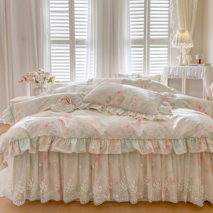 91家纺网 家纺一手货源 找家纺 瑞宝 2026新款春款全棉印花床裙四件套【控价265起 各平台严格控价:所有尺寸在扣除店铺优惠券后利润不得少于70(包含活动期)】 花悦美