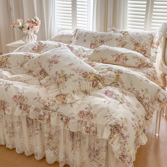 瑞宝 2026新款春款全棉印花床裙四件套【控价265起 各平台严格控价:所有尺寸在扣除店铺优惠券后利润不得少于70(包含活动期)】 花时