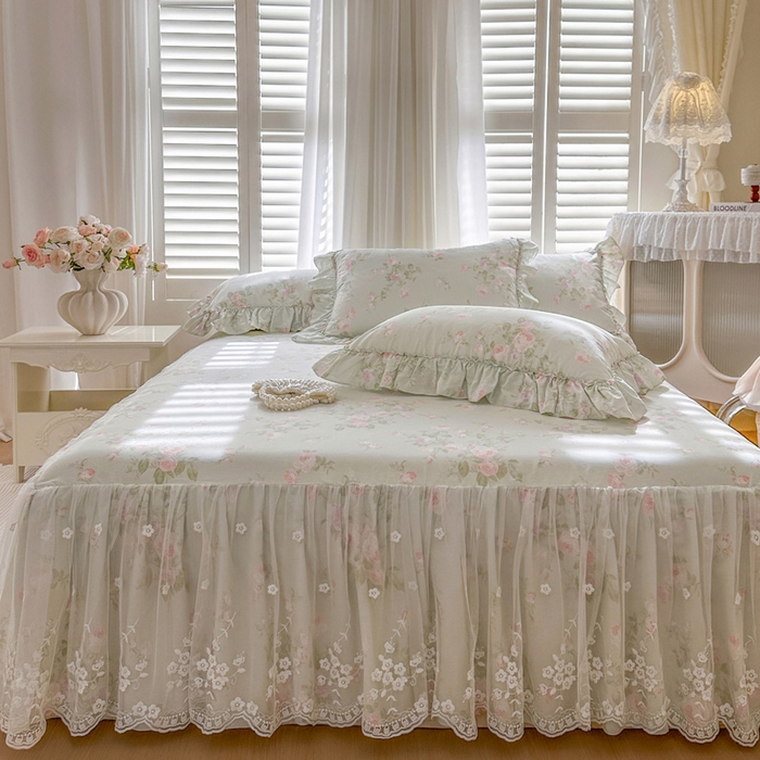 91家纺网 家纺一手货源 找家纺 瑞宝 2026新款春款全棉印花床裙四件套【控价265起 各平台严格控价:所有尺寸在扣除店铺优惠券后利润不得少于70(包含活动期)】 春田绿