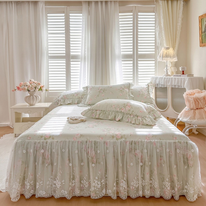 91家纺网 家纺一手货源 找家纺 瑞宝 2026新款春款全棉印花床裙四件套【控价265起 各平台严格控价:所有尺寸在扣除店铺优惠券后利润不得少于70(包含活动期)】 春田绿