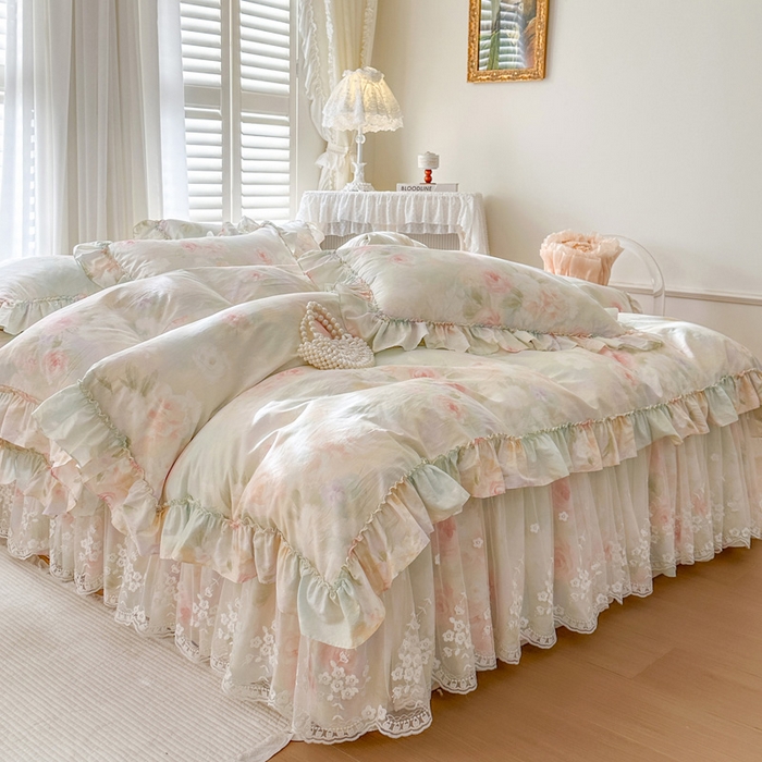 91家纺网 家纺一手货源 找家纺 瑞宝 2026新款春款全棉印花床裙四件套【控价265起 各平台严格控价:所有尺寸在扣除店铺优惠券后利润不得少于70(包含活动期)】 花悦美