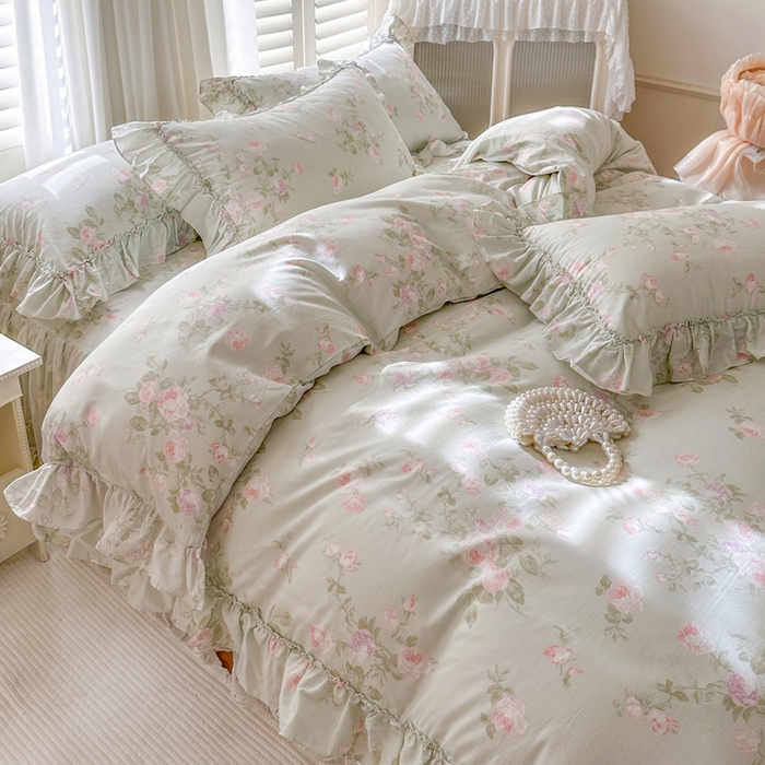 91家纺网 家纺一手货源 找家纺 瑞宝 2026新款春款全棉印花床裙四件套【控价265起 各平台严格控价:所有尺寸在扣除店铺优惠券后利润不得少于70(包含活动期)】 春田绿