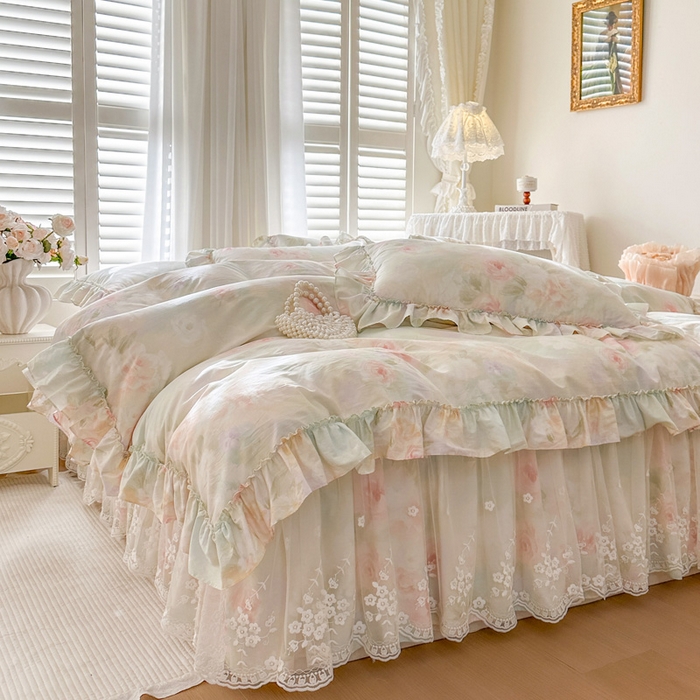 91家纺网 家纺一手货源 找家纺 瑞宝 2026新款春款全棉印花床裙四件套【控价265起 各平台严格控价:所有尺寸在扣除店铺优惠券后利润不得少于70(包含活动期)】 花悦美