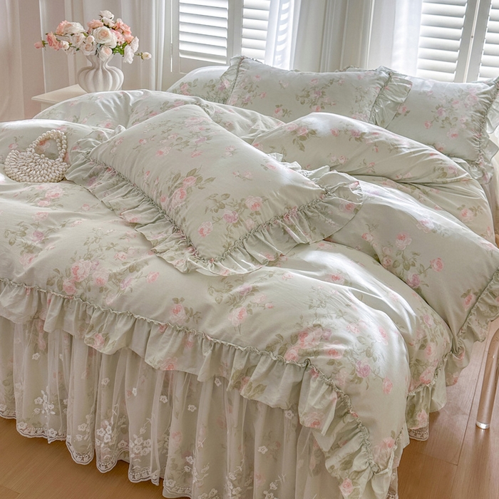 瑞宝 2026新款春款全棉印花床裙四件套【控价265起 各平台严格控价:所有尺寸在扣除店铺优惠券后利润不得少于70(包含活动期)】 春田绿