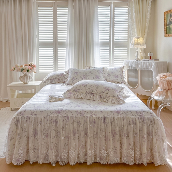 91家纺网 家纺一手货源 找家纺 瑞宝 2026新款春款全棉印花床裙四件套【控价265起 各平台严格控价:所有尺寸在扣除店铺优惠券后利润不得少于70(包含活动期)】 花蕾紫