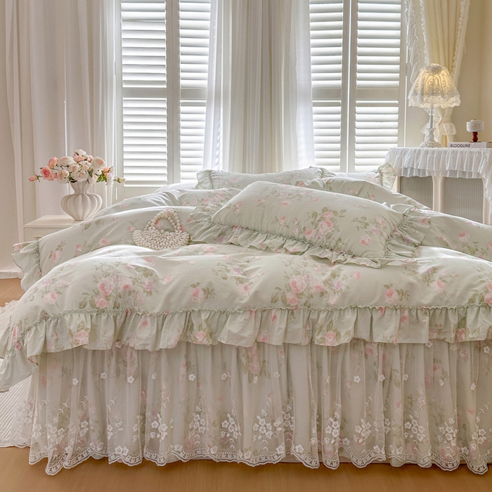 91家纺网 家纺一手货源 找家纺 瑞宝 2026新款春款全棉印花床裙四件套【控价265起 各平台严格控价:所有尺寸在扣除店铺优惠券后利润不得少于70(包含活动期)】 春田绿