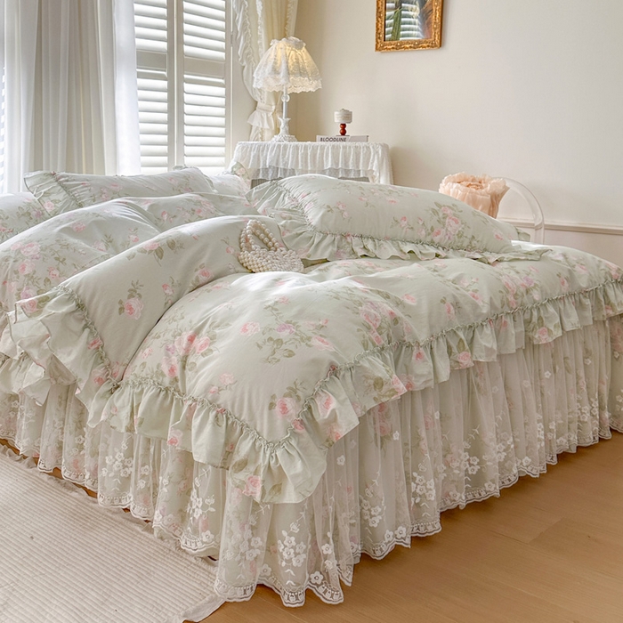 91家纺网 家纺一手货源 找家纺 瑞宝 2026新款春款全棉印花床裙四件套【控价265起 各平台严格控价:所有尺寸在扣除店铺优惠券后利润不得少于70(包含活动期)】 春田绿