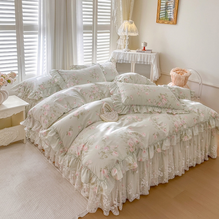 91家纺网 家纺一手货源 找家纺 瑞宝 2026新款春款全棉印花床裙四件套【控价265起 各平台严格控价:所有尺寸在扣除店铺优惠券后利润不得少于70(包含活动期)】 春田绿