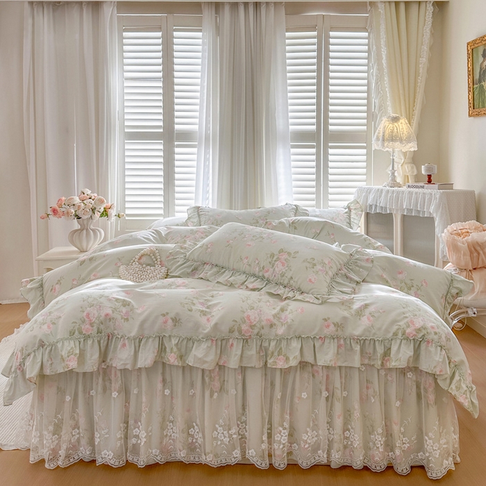 91家纺网 家纺一手货源 找家纺 瑞宝 2026新款春款全棉印花床裙四件套【控价265起 各平台严格控价:所有尺寸在扣除店铺优惠券后利润不得少于70(包含活动期)】 春田绿