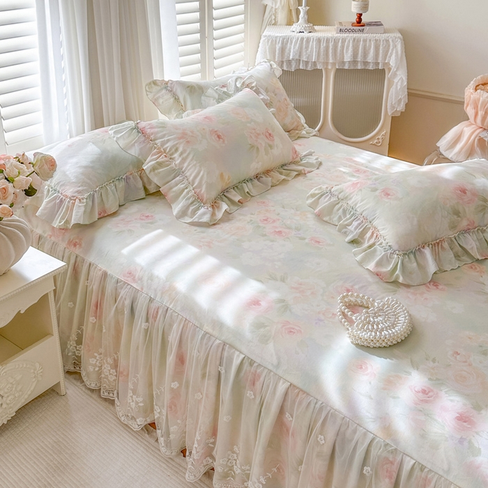 91家纺网 家纺一手货源 找家纺 瑞宝 2026新款春款全棉印花床裙四件套【控价265起 各平台严格控价:所有尺寸在扣除店铺优惠券后利润不得少于70(包含活动期)】 花悦美