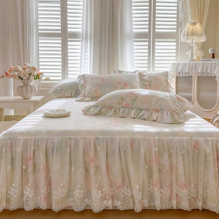 91家纺网 家纺一手货源 找家纺 瑞宝 2026新款春款全棉印花床裙四件套【控价265起 各平台严格控价:所有尺寸在扣除店铺优惠券后利润不得少于70(包含活动期)】 花悦美