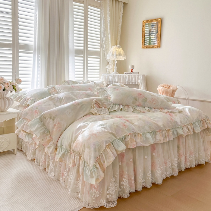 91家纺网 家纺一手货源 找家纺 瑞宝 2026新款春款全棉印花床裙四件套【控价265起 各平台严格控价:所有尺寸在扣除店铺优惠券后利润不得少于70(包含活动期)】 花悦美