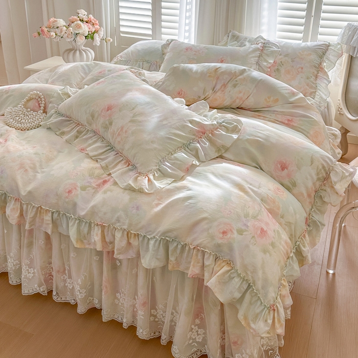 瑞宝 2026新款春款全棉印花床裙四件套【控价265起 各平台严格控价:所有尺寸在扣除店铺优惠券后利润不得少于70(包含活动期)】 花悦美