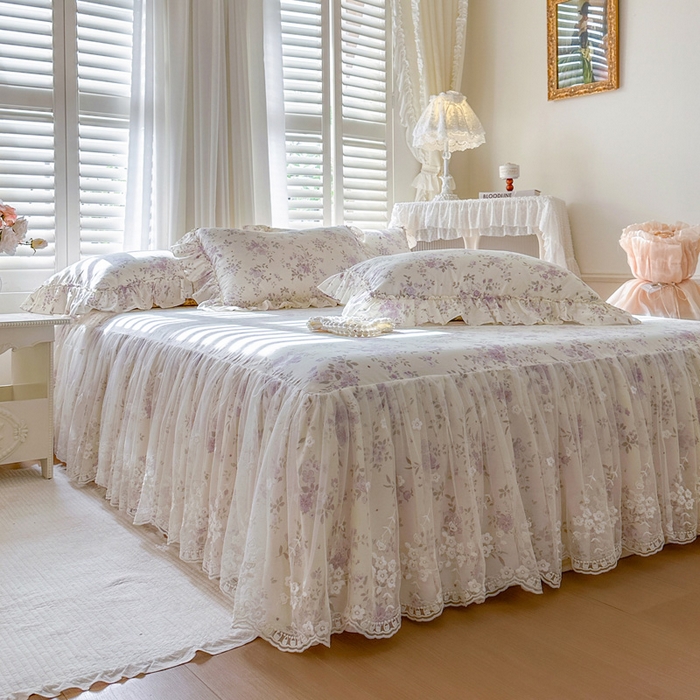 91家纺网 家纺一手货源 找家纺 瑞宝 2026新款春款全棉印花床裙四件套【控价265起 各平台严格控价:所有尺寸在扣除店铺优惠券后利润不得少于70(包含活动期)】 花蕾紫