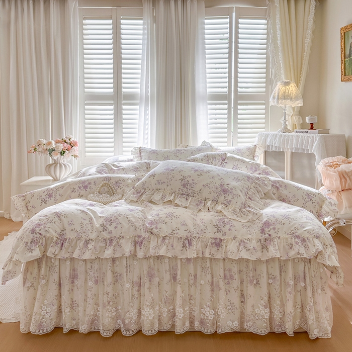 91家纺网 家纺一手货源 找家纺 瑞宝 2026新款春款全棉印花床裙四件套【控价265起 各平台严格控价:所有尺寸在扣除店铺优惠券后利润不得少于70(包含活动期)】 花蕾紫