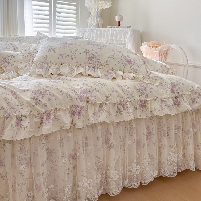 91家纺网 家纺一手货源 找家纺 瑞宝 2026新款春款全棉印花床裙四件套【控价265起 各平台严格控价:所有尺寸在扣除店铺优惠券后利润不得少于70(包含活动期)】 花蕾紫