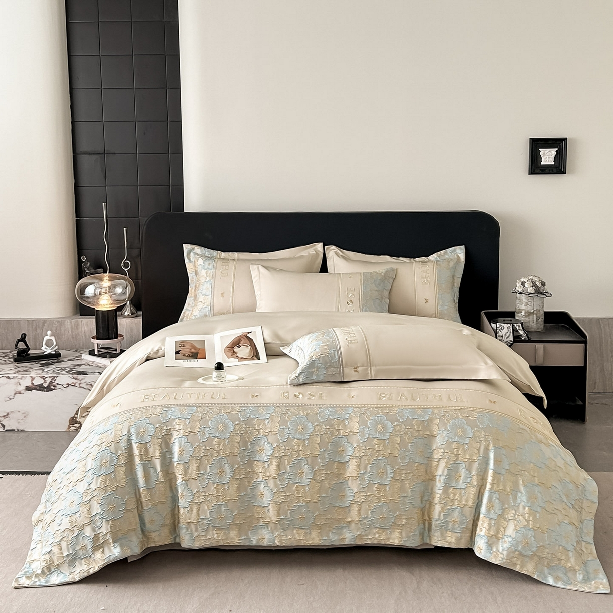 91家纺网 家纺一手货源 找家纺 七七家纺 2026新款色织提花花田系列四件套 花田-香槟蓝