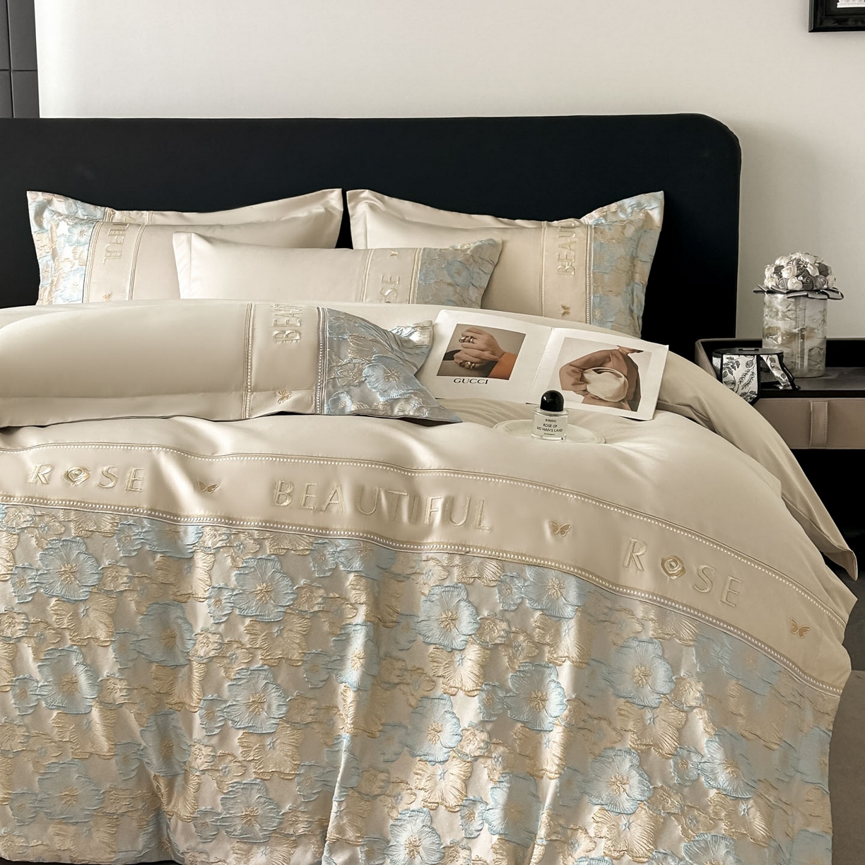 91家纺网 家纺一手货源 找家纺 七七家纺 2026新款色织提花花田系列四件套 花田-香槟蓝