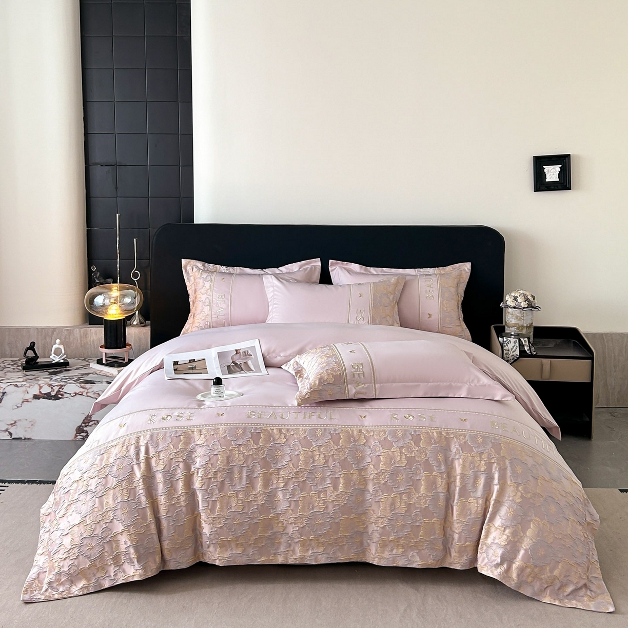 91家纺网 家纺一手货源 找家纺 七七家纺 2026新款色织提花花田系列四件套 花田-樱花粉