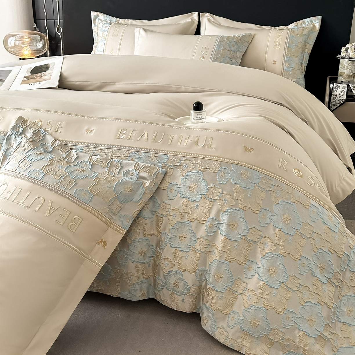 91家纺网 家纺一手货源 找家纺 七七家纺 2026新款色织提花花田系列四件套 花田-香槟蓝