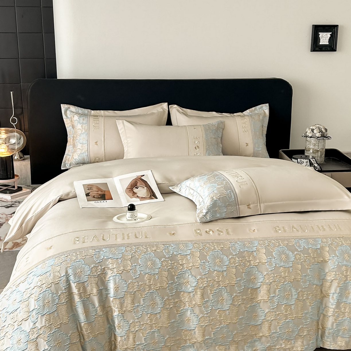 91家纺网 家纺一手货源 找家纺 七七家纺 2026新款色织提花花田系列四件套 花田-香槟蓝