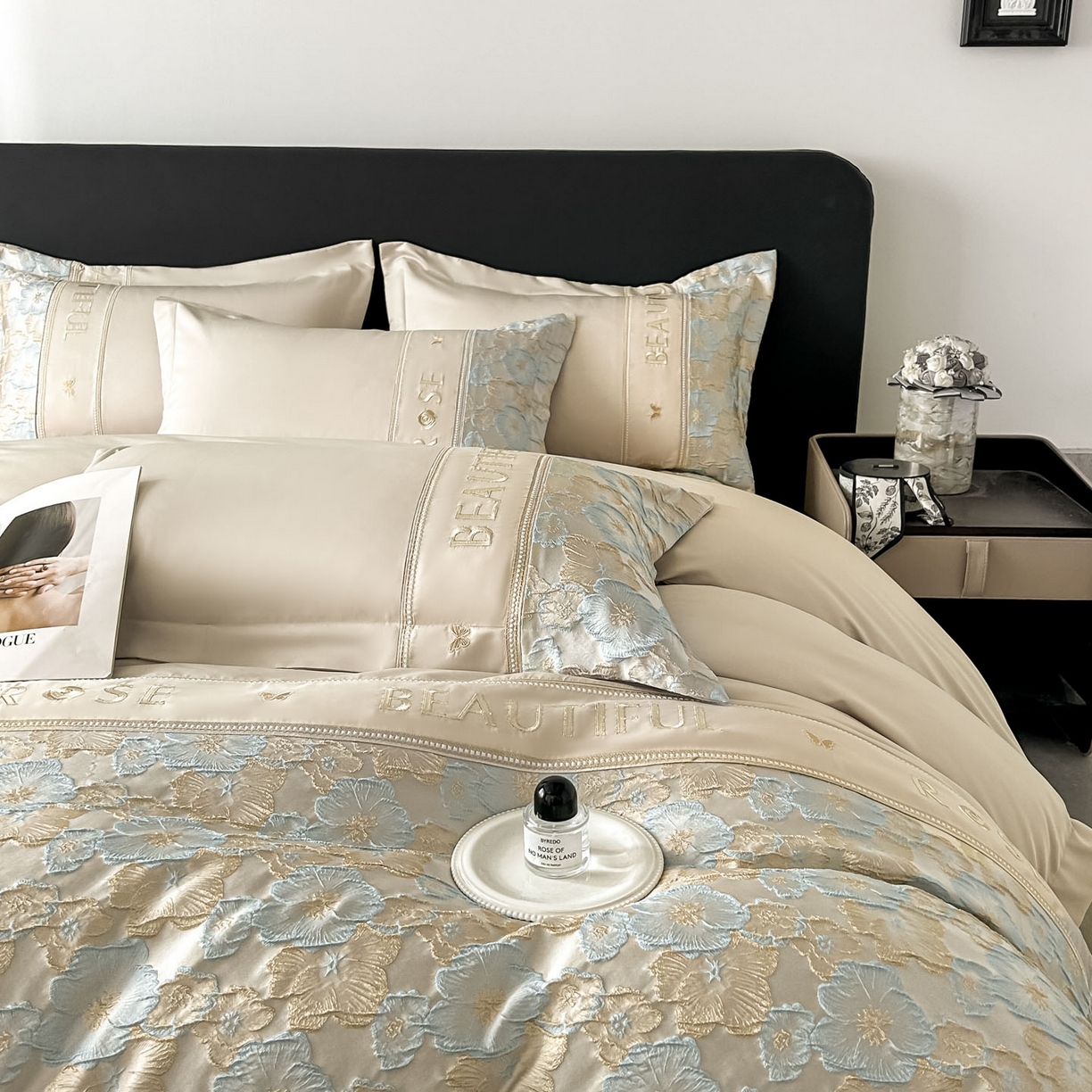 91家纺网 家纺一手货源 找家纺 七七家纺 2026新款色织提花花田系列四件套 花田-香槟蓝