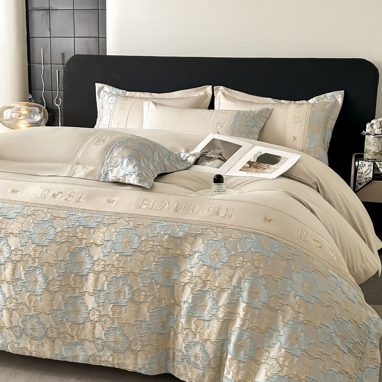 91家纺网 家纺一手货源 找家纺 七七家纺 2026新款色织提花花田系列四件套 花田-香槟蓝