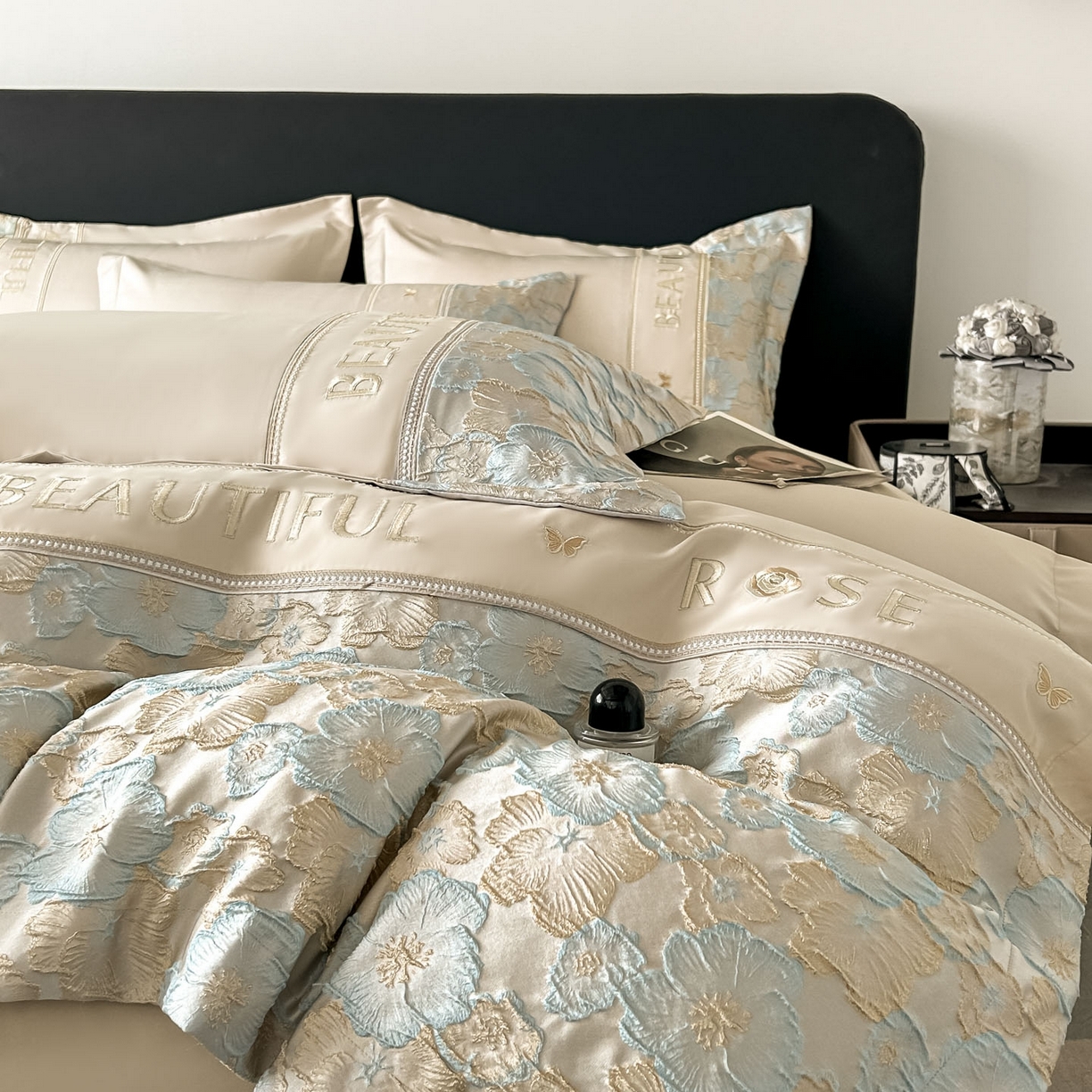 91家纺网 家纺一手货源 找家纺 七七家纺 2026新款色织提花花田系列四件套 花田-香槟蓝