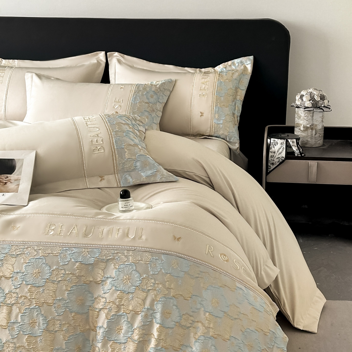 91家纺网 家纺一手货源 找家纺 七七家纺 2026新款色织提花花田系列四件套 花田-香槟蓝