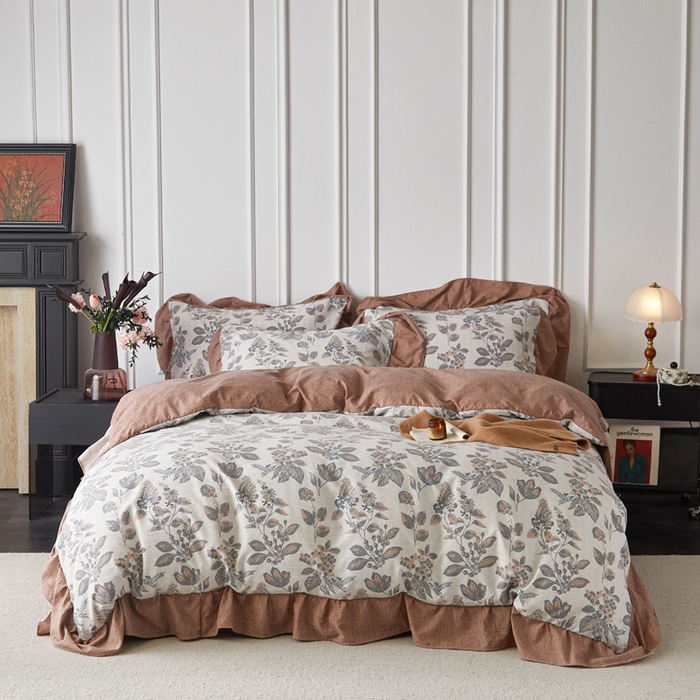 梦纤绒 2026新款高克重法式复古亚麻花边款四件套 雾影