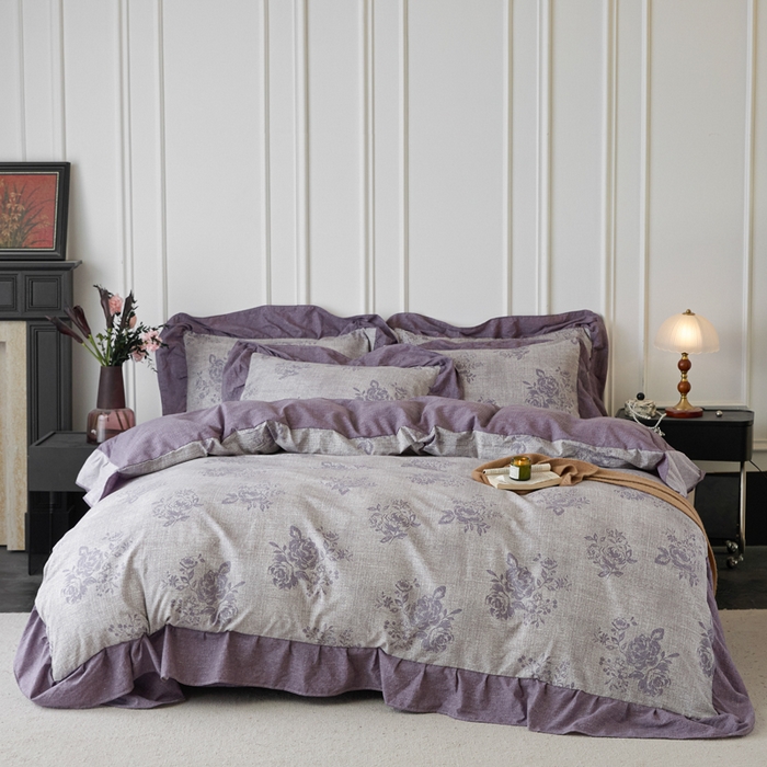 梦纤绒 2026新款高克重法式复古亚麻花边款四件套 时光紫