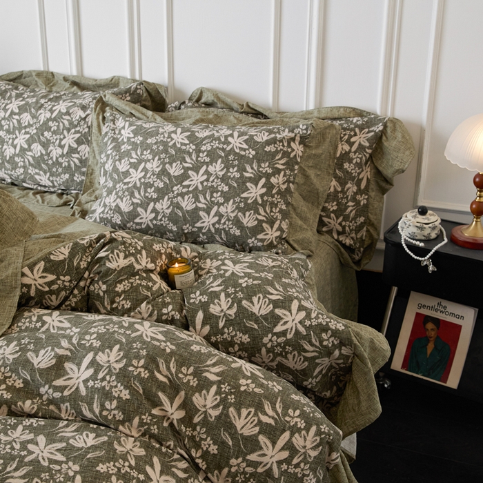 91家纺网 家纺一手货源 找家纺 梦纤绒 2026新款高克重法式复古亚麻花边款四件套 森屿