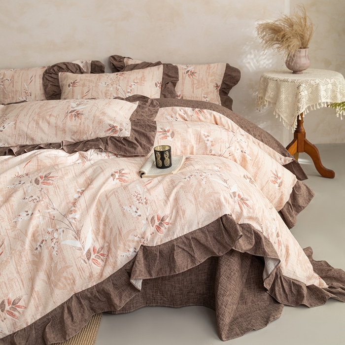 91家纺网 家纺一手货源 找家纺 梦纤绒 2026新款高克重法式复古亚麻花边款四件套 林间叶语