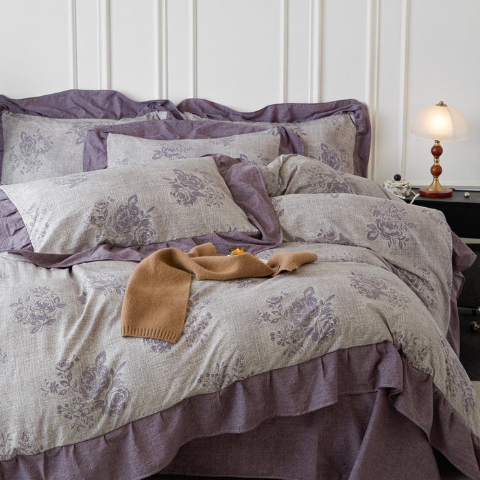 91家纺网 家纺一手货源 找家纺 梦纤绒 2026新款高克重法式复古亚麻花边款四件套 时光紫