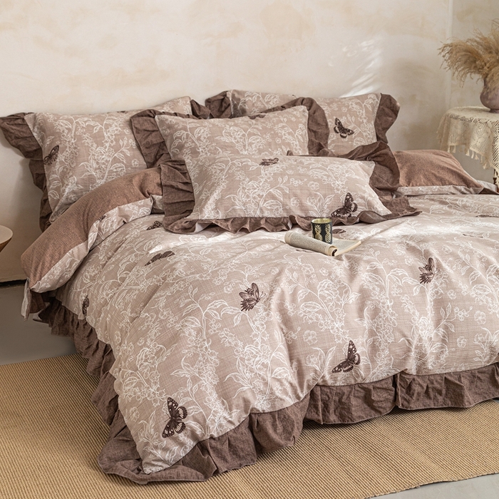 91家纺网 家纺一手货源 找家纺 梦纤绒 2026新款高克重法式复古亚麻花边款四件套 花间蝶